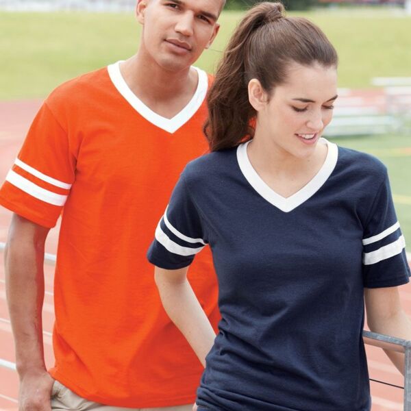 V-Neck Jersey with Striped Sleeves Thumbnail